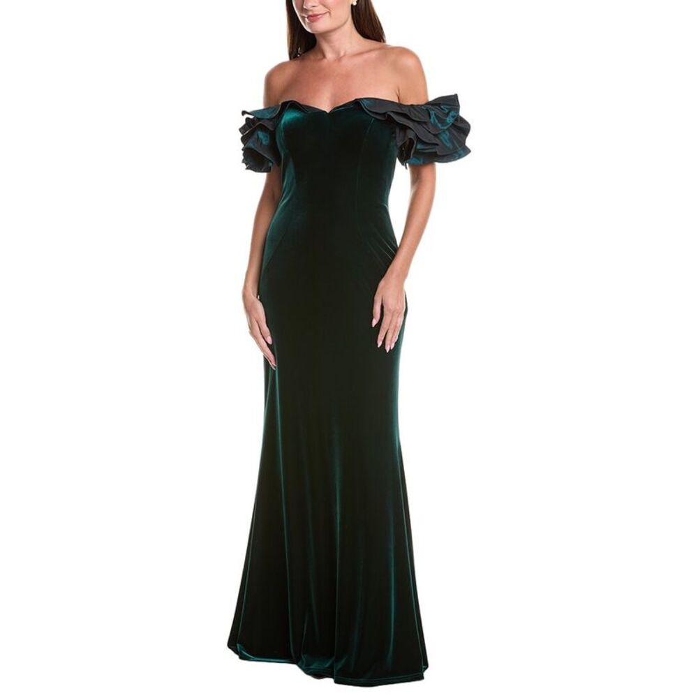 Teri Jon By Rickie Freeman Womens  Stretch Velvet Scrunch Taffeta Off-Shoulder